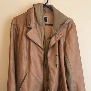 Brown faux leather jacket with detachable hood